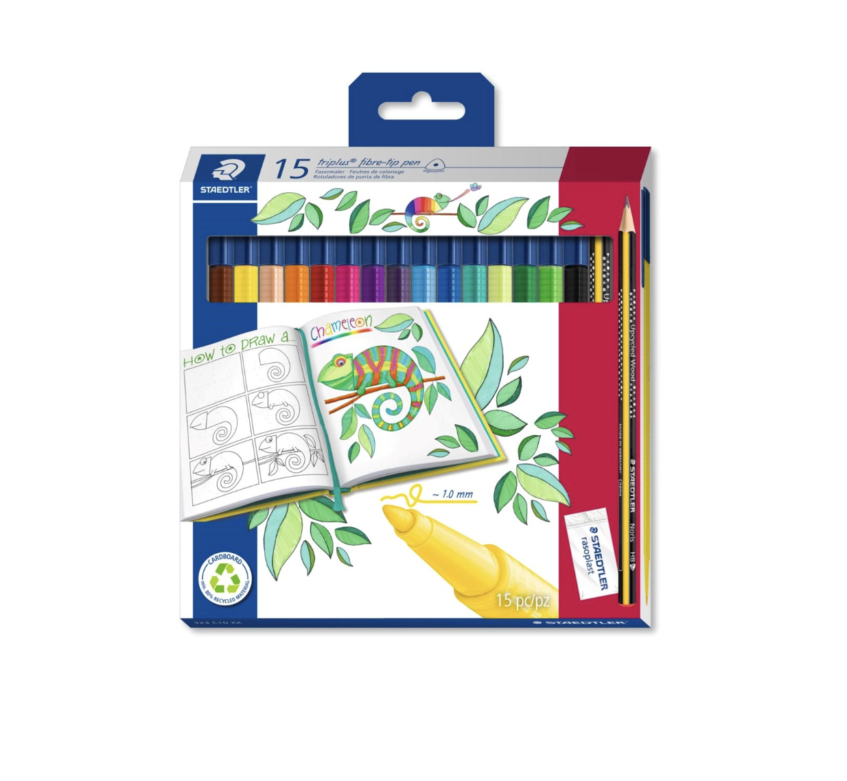 Startersæt med 15 stk Triplus fibre-tip + 1 blyant og 1 viskelæder - Steadtler.